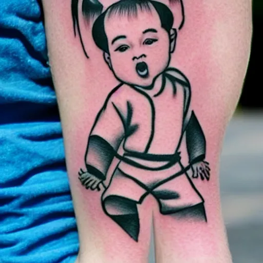 Prompt: a tattoo of a baby doing Kung Fu