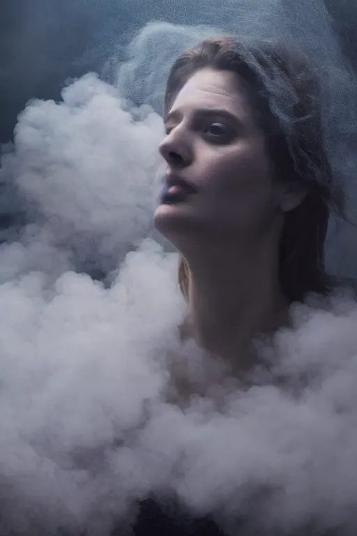 Prompt: 4k Detailed portrait by Gregory Crewdson of A woman shrouded in a cloud of smoke