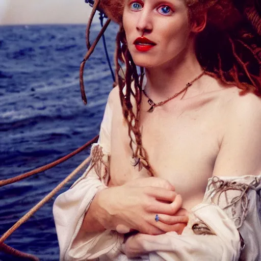 Prompt: a beautiful english woman with a long face narrow nose pale skin blue eyes red lips and wild messy tangles of curly white blonde hair leaning over the side of a sailing ship and throwing up, high resolution film still wearing a black robe and skull necklace and holding a spear, sandy, a journey to the west