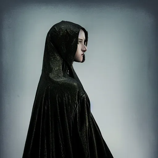 Image similar to a portrait of a young woman wearing a long dark cloak, hood and shadows covering face, holding golden chains, oil painting, matte painting, black background, Volumetric Golden dappled dynamic lighting, Highly Detailed, Cinematic Lighting, Unreal Engine, 8k, HD, by Beksinski