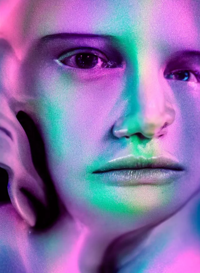 Prompt: high quality pastel coloured film close up headshot of a cyborg model in an icelandic black rock!! environment in a dreamstate environment. three point light. photographic. art directed. pastel colours. volumetric light. pastel gradient overlay. waves. extreme facial detail. 8 k. filmic.