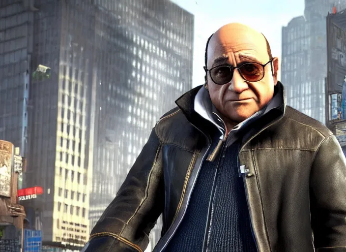 Image similar to video game still of danny devito in the video watch dogs,