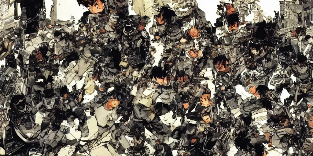 Image similar to a tight shot of a dozen monkeys attacking people in Japan by Yoji Shinkawa and Ashley Wood, rule of thirds