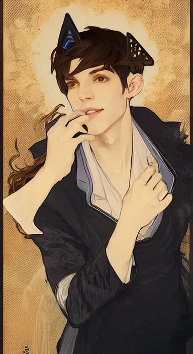 Prompt: Portrait of a cute stylish mage in his twenties with cat ears. Art by Greg Rutkowski and Alphonse Mucha