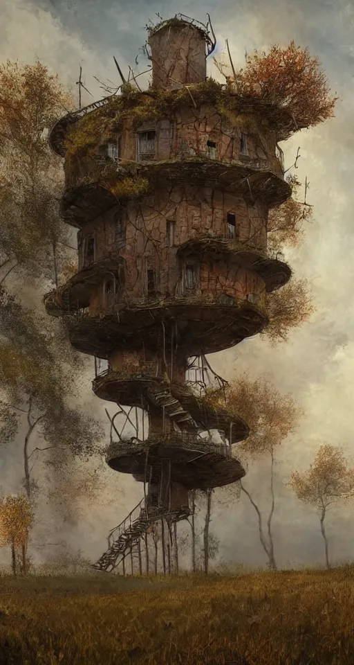 Prompt: tree house on a rusty broken building constructions of a giant upside - down spiral edgy staircase, leading to the sky, the ruins, in the steppe, autumn field, misty background, from the game pathologic 2, highly detailed, sharp focus, matte painting, by isaac levitan and asher brown durand,