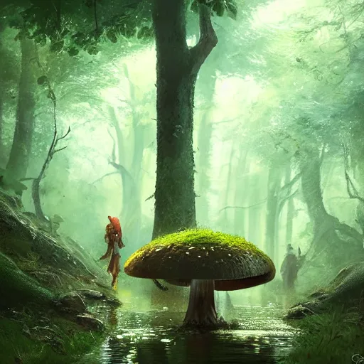 Image similar to tiny mushroom people with mushrooms for heads walking by a stream in a lush forest, dramatic lighting, illustration by Greg rutkowski, yoji shinkawa, 4k, digital art, concept art, trending on artstation