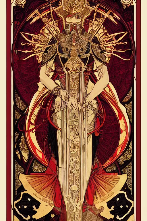 Image similar to tarot card, the emperor, armored woman, beautiful, medieval, super detailed, ornate, by alphonse mucha, artstation, greg rutkowski, symmetry, red, gold, white, black, 8 k