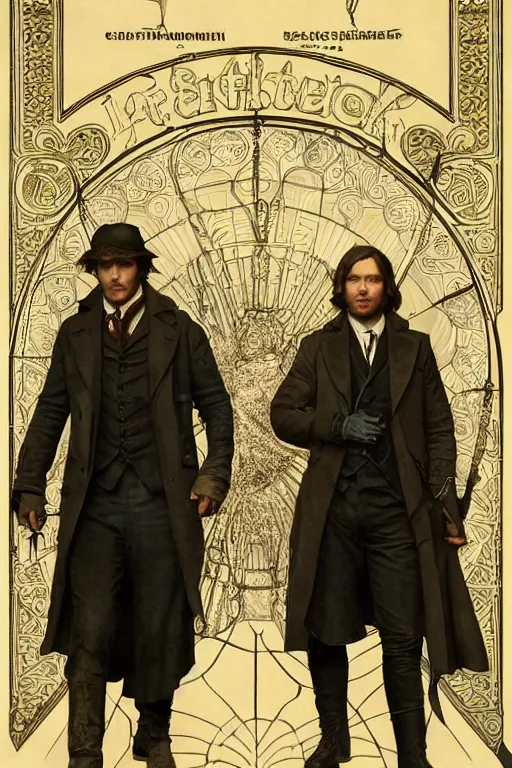 Image similar to a detailed matte portrait of jensen ackles and jared padalecki as sherlock holmes and watson, masterpiece, 8 k, art by alphonse mucha and greg rutkowski