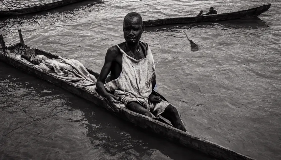 Prompt: movie still by djibril diop mambety of a man in a barque made of flesh on a blood river, leica sl 2, heavy grain, high quality, high detail, color