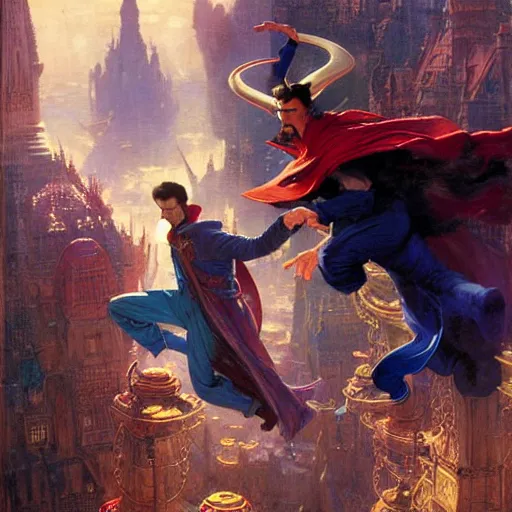 Image similar to the third first image on the scattered absurdity server, dr strange and dr seuss, very pretty, photorealistic, portal hopping and time warping with reckless abandon, highly detailed painting by gaston bussiere, craig mullins, j. c. leyendecker