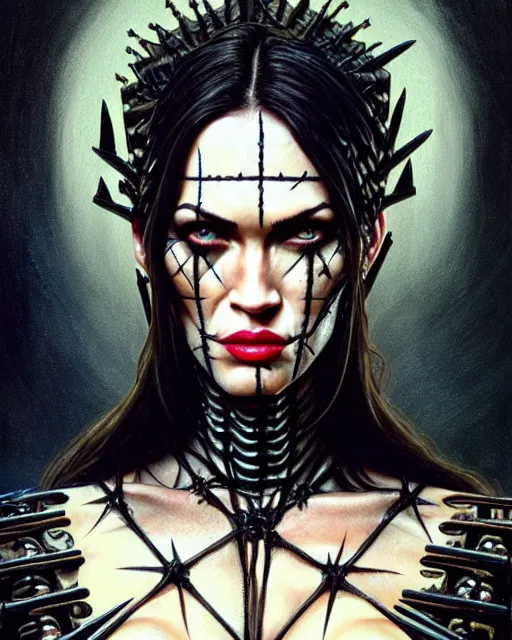 Image similar to portrait of megan fox as pinhead, bald, hellraiser, xenobite, hell, intricate, headshot, highly detailed, digital painting, artstation, concept art, sharp focus, cinematic lighting, illustration, art by artgerm and greg rutkowski, alphonse mucha, cgsociety