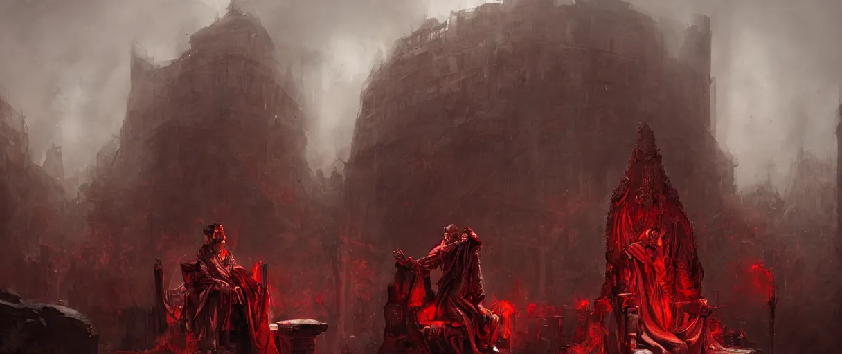 Image similar to the end is near. a tired julius caesar is sitting on his throne. face is highly detailed. splices of red are running down his toga. mist. color scheme red. low angle medium shot. imagined by greg rutkowski and andreas rocha