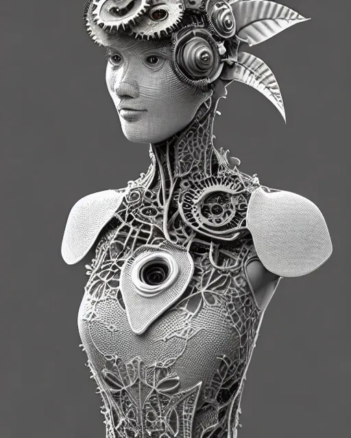 Image similar to monochrome 3 d model, 1 8 7 0 picture, silver lace floral steampunk biomechanical beautiful young female cyborg with porcelain profile face and a techno eye, volumetric light, leaves foliage and stems, hibiscus flowers, sinuous fine roots, fine foliage lace, alexander mcqueen, rim light, big gothic fashion pearl embroidered collar, octane render, 8 k