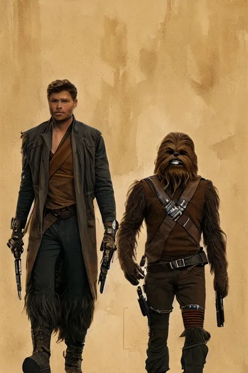 Image similar to a detailed matte portrait of an jensen ackles dressed as has solo and misha collins as chewbacca, masterpiece, 8 k, art by alphonse mucha and greg rutkowski