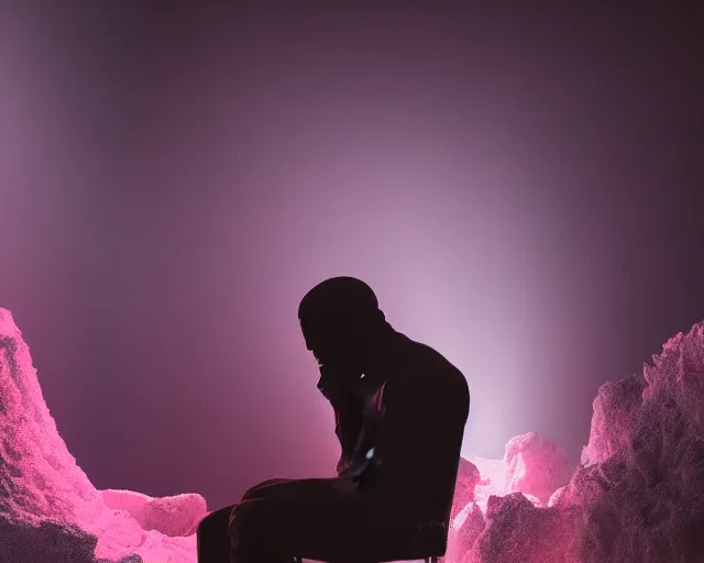 Prompt: kanye west as a man on chair, cave with crystals, glitter, volumetric light, foggy, smokey, moody, kodak photography, cyan and pink light