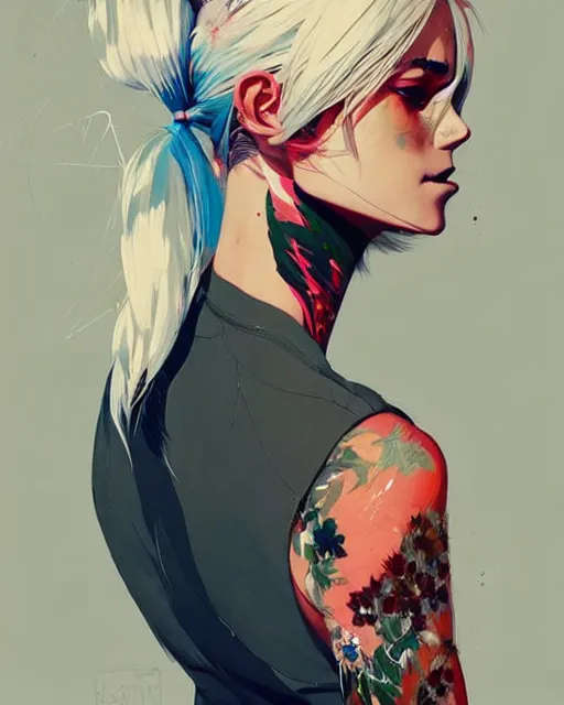 Image similar to a ultradetailed beautiful back painting of a stylish woman with white hair in a pony tail, she is wearing jeans, by conrad roset, greg rutkowski and makoto shinkai trending on artstation