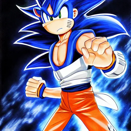 Prompt: ultra realistic portrait painting of a fusion of sonic and goku, art by masashi kishimoto, 4 k, naruto artstyle, cel shaded, highly detailed, epic lighting