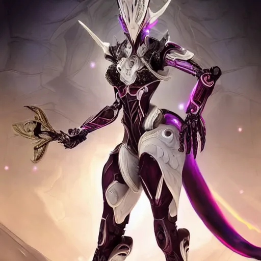 Image similar to highly detailed exquisite fanart, of a beautiful female warframe, but as a stunning anthropomorphic robot female dragon, standing elegantly with hand on hip, shining reflective off-white plated armor, slick elegant design, bright Fuchsia skin, sharp claws, close full body shot, epic cinematic shot, realistic, professional digital art, high end digital art, DeviantArt, artstation, Furaffinity, 8k HD render, epic lighting, depth of field