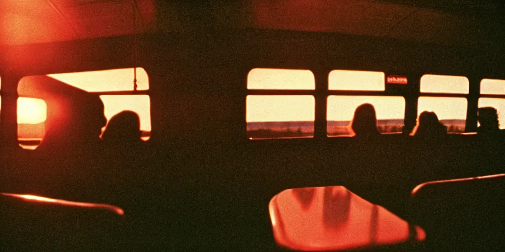 Image similar to greyhound bus interior, sunset, eerie vibe, leica, 2 4 mm lens, cinematic screenshot from the 2 0 0 1 film directed by charlie kaufman, kodak color film stock, f / 2 2, 2 4 mm wide angle anamorphic