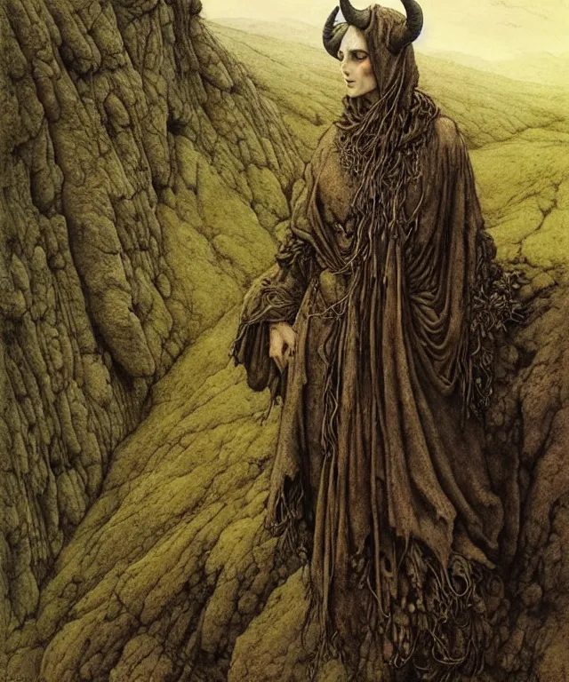 Image similar to A detailed horned lambwoman stands among the hills. Wearing a ripped mantle, robe. Perfect faces, extremely high details, realistic, fantasy art, solo, masterpiece, art by Zdzisław Beksiński, Arthur Rackham, Dariusz Zawadzki