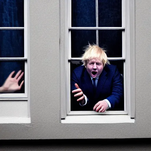 Image similar to photo of dark blue rainy bedroom window at night, dimly lit creepy | screaming face of boris johnson staring in through the window, bloody hands, horror, scary face, demonic face,