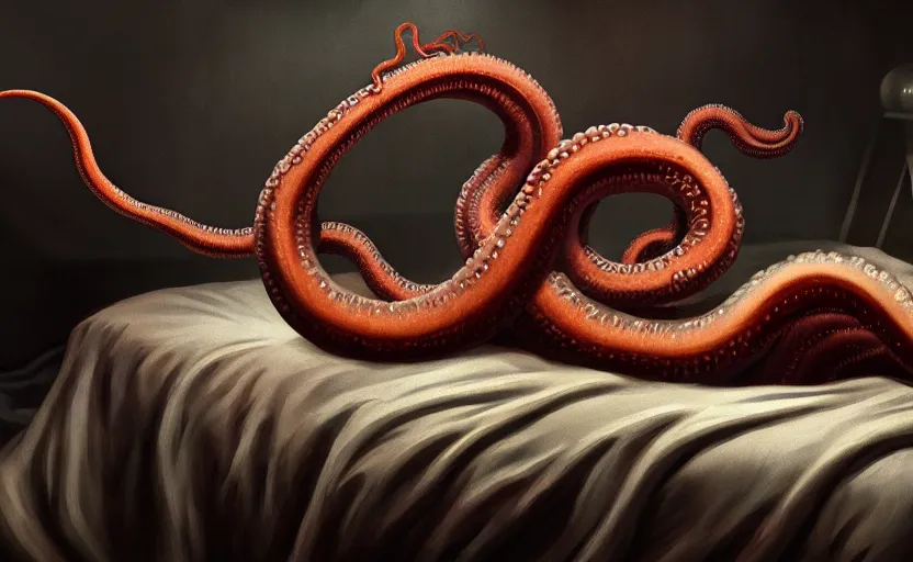 Image similar to matte oil painting of a lovecraftian tentacle creature crawling onto a bed inside a bedroom, extremely graphic, disturbing, cinematic, 4 k, 8 k