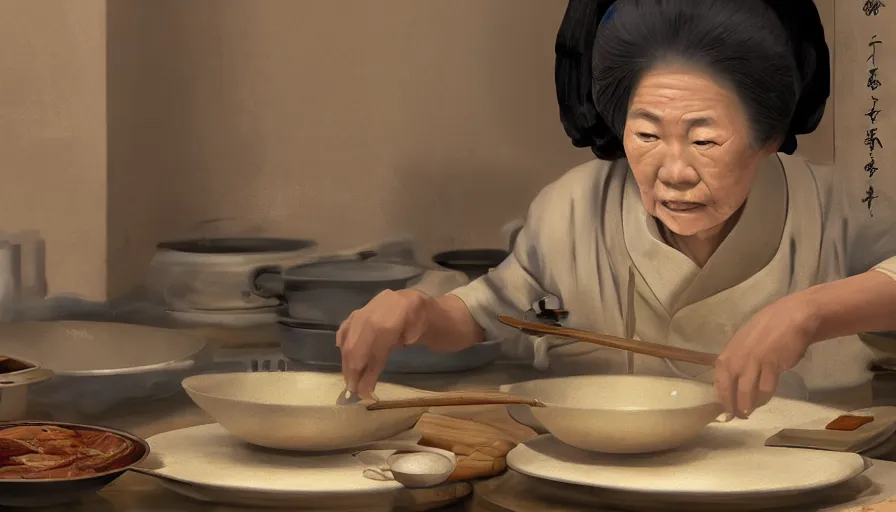 Image similar to old japanese lady cooking, old 1 8 0 0's kitchen, pan and plates, hyperdetailed, artstation, cgsociety, 8 k