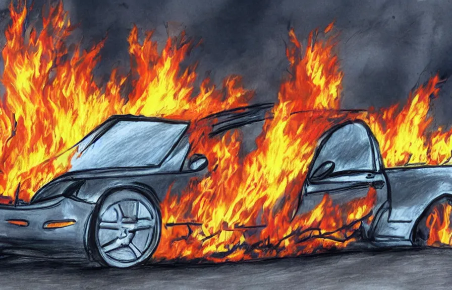 Prompt: car on fire, children drawing