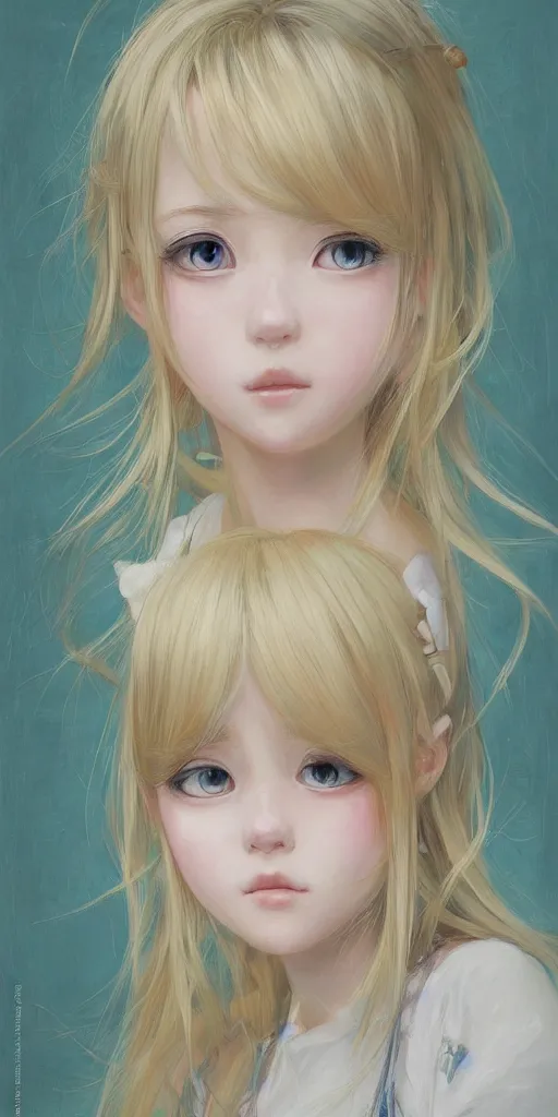 Prompt: portrait of a young cute beautiful girl with blond hair and big dark eyes artwork by WLOP, Hikari Shimoda, Studio Ghibli, Chie Yoshii, artstation