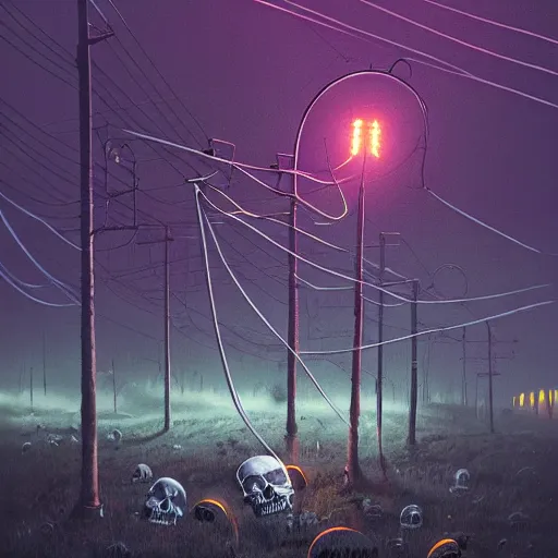 Prompt: skulls and cobwebs by Simon Stalenhag, beautiful lighting, stormy weather