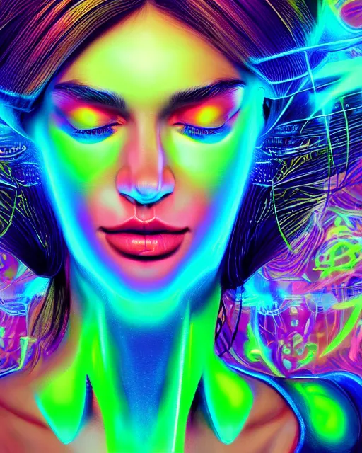 Prompt: a powerful energy psychedelic neon woman, by alexander fedosav, hyper detailed digital matte painting, concept art, hyperrealism, 1 6 k resolution, cinema 4 d, 8 k resolution, trending on artstation, behance hd, a masterpiece, by stephan martiniere, particles, cel - shaded, power bright neon energy, by david a. hardy,