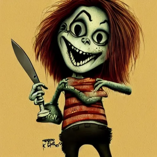 Prompt: grunge cartoon drawing of a cute chucky holding a knife by - michael karcz , in the style of corpse bride, loony toons style, horror themed, detailed, elegant, intricate