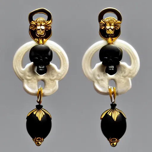 Image similar to artnouveau skull earrings made by René lalique in black, white and emerald and gold