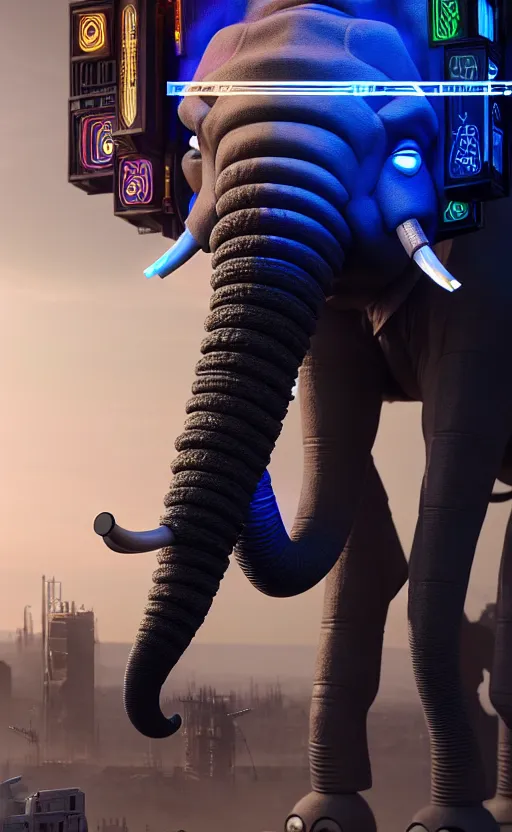 Image similar to hyper realistic and higly detailed photo of a cyberpunk mech elephant. full elephant is seen. intricate, wiring, electronic components, color diodes. volumetric light. professional digital art, lotr style, extremly detailed, trending on artstation, stuning, octane render, unreal engine 5, 8 k rendering.
