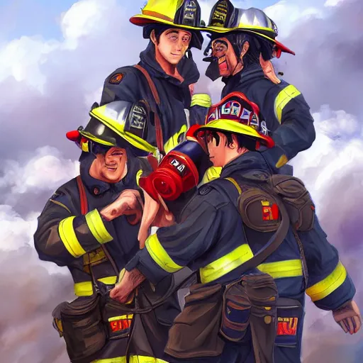 Image similar to a beautiful painting of fire fighters,anime,artstation, very detailed