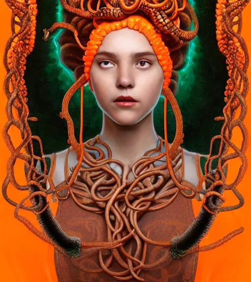 Image similar to portrait of teenage medusa, bald, naughty smile, wearing an embroidered orange tunic, wearing headdress made of black snakes, intricate, elegant, copper and emerald jewelry, glowing lights, highly detailed, digital painting, artstation, concept art, smooth, sharp focus, illustration, art by wlop, mucha, artgerm, and greg rutkowski