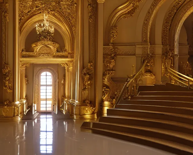 Image similar to city sized clay sculpture in a huge room. golden staircase that ascends towards the moon