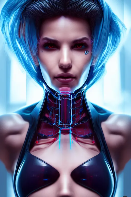 Image similar to portrait of a cyberpunk V2) woman with biomechanichal parts by Artgerm, 35mm focal length, hyper detailled, 4K