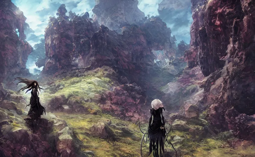 Image similar to goth woman in front of mountain landscape, color page, tankoban, 4 k, tone mapping, akihiko yoshida, james jean andrei riabovitchev marc simonetti, yoshitaka amano, long hair, curly, h. hydrochaeri