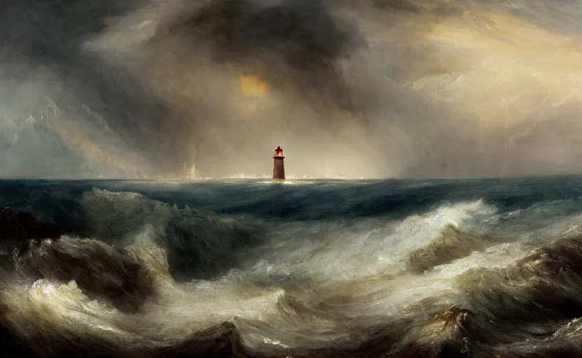 Image similar to a watercolor painting of a single lighthouse in a small rocky island during a violent storm by william turner, high quality, highly detailed, digital painting, masterpiece, turbulent sea, dramatic lighting, cinematic, centered, watercolor, william turner style, 4 k