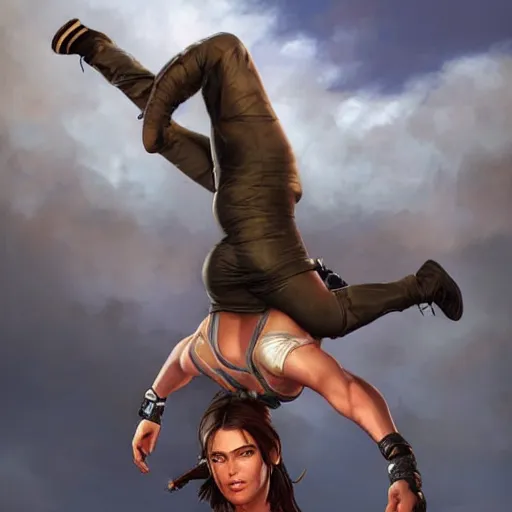 Prompt: Lara Croft doing a backflip, painted by Mark Brooks and Charlie Bowater