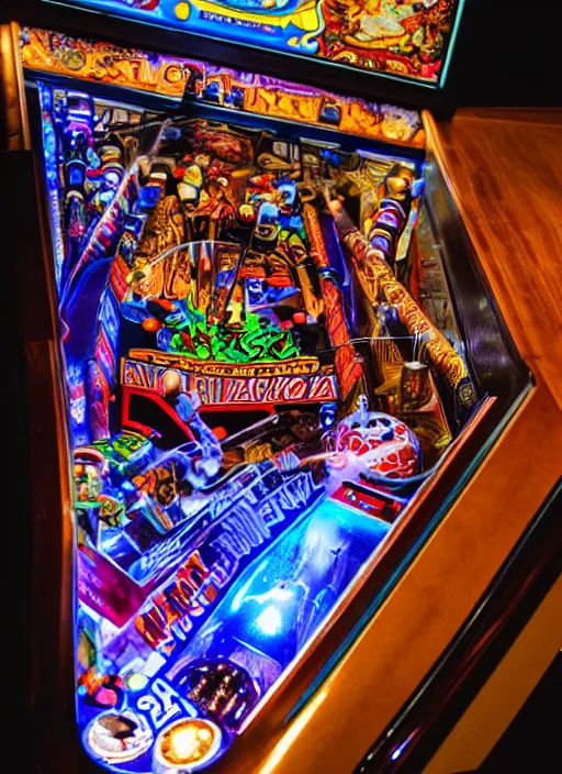 Image similar to a wide complex fancy wooden pinball machine that has fancy artwork inside with lights and pinball bumpers, x themed, front-view, dslr photo