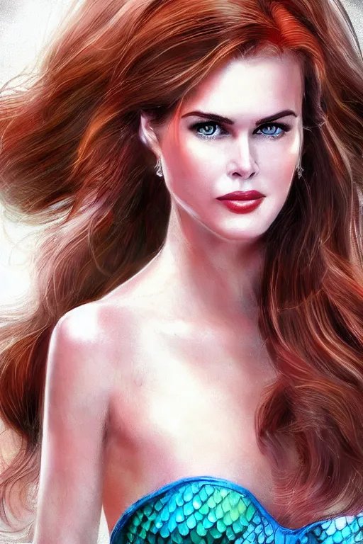 Image similar to mix of beautiful young maria shriver, mariel hemmingway, brooke shields, nicole kidman and elle macpherson as a mermaid, thin lips, hair tied up in a pony tail, brunette hair, colorful, artstation, cgsociety