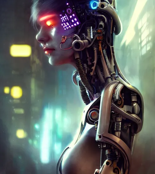 Image similar to ultra realistic full shot of a beautiful cyborg girl with mechanical arms, cyberpunk, sci - fi, fantasy, kodak, colour led, soft light, volumetric lighting, night, intricate, elegant, highly detailed, digital painting, artstation, concept art, smooth, sharp focus, illustration, art by artgerm and greg rutkowski and alphonse mucha