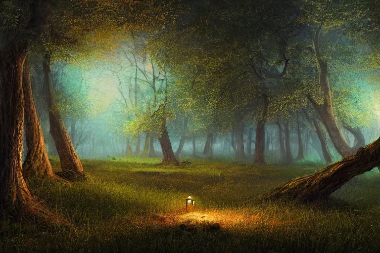 Prompt: masterpiece painting, fireflies vortex illuminating an old antic oak forest at night, peaceful scene, 8 k octane render, atmospheric effects, by jean hugo, artstation, deviantart