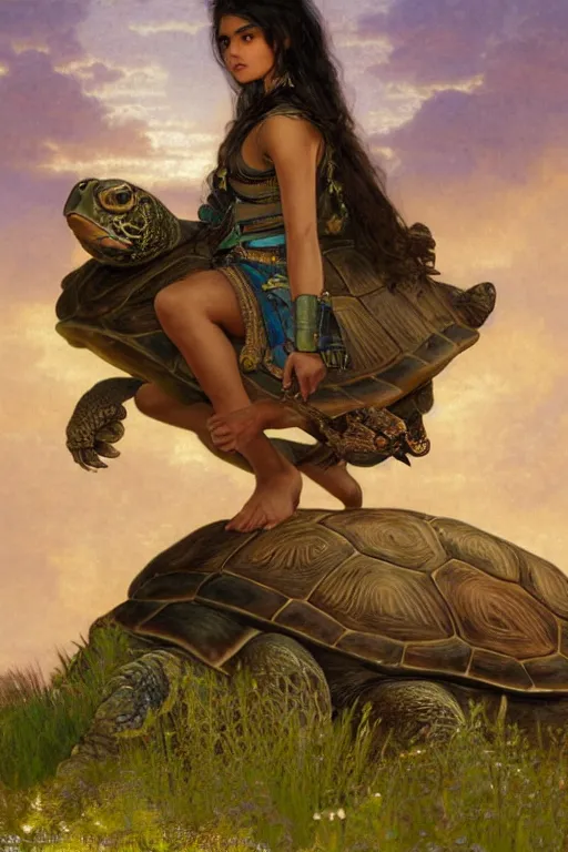 Image similar to a little warrior girl sitting on top of a giant turtle that is walking in the desert, seen from a distance. the girl is fully visible and has dark skin and beautiful green eyes, realistic full body and a very beautiful detailed face with long black hair. diffuse light, dramatic sky and landscape, fantasy illustration by mucha