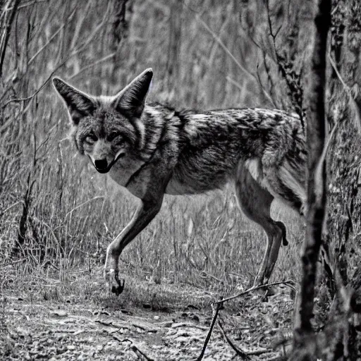 Image similar to black and white trailcam footage of native weird distorted human body Skinwalker transforming into a coyote