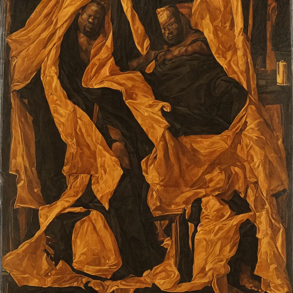 Image similar to Large black man sitting on throne wrapped in silk, background made of large folding curtains, dimly lit, dark, renaissance painting, style of carrivagio