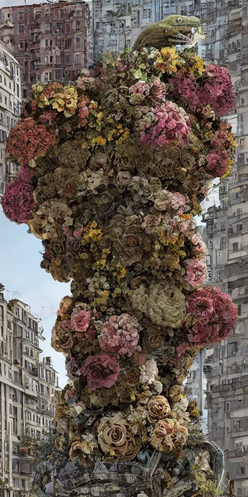 Image similar to giant grotesque flower in the middle of abandoned post soviet constructivist cityscape, Stalinist architecture, ultradetailed by Josan Gonzalez and Giuseppe Arcimboldo and Wes Anderson