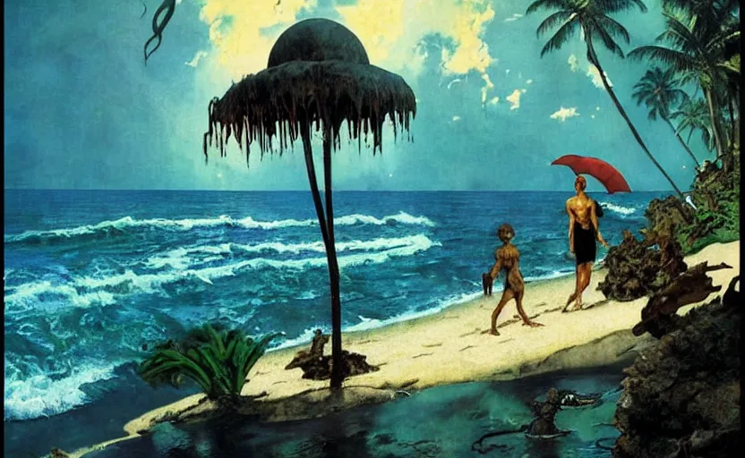 Image similar to cthulhu rising from the ocean by a tropical beach with palm trees. lovecraftian horror. highly detailed science fiction painting by norman rockwell, frank frazetta, and syd mead. rich colors, high contrast, gloomy atmosphere, dark background. trending on artstation